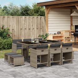 11 Pcs conjunto jantar p/ jardim c/ almofadões vime PE cinzento