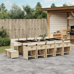 15 Pcs conjunto de jantar p/ jardim com almofadões vime PE bege