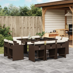 11 Pcs conjunto jantar p/ jardim c/ almofadões vime PE castanho