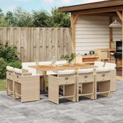 11 Pcs conjunto de jantar p/ jardim com almofadões vime PE bege