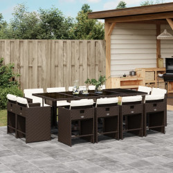 13 Pcs conjunto jantar p/ jardim c/ almofadões vime PE castanho