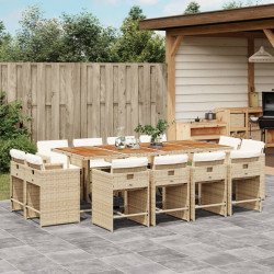 13 Pcs conjunto de jantar p/ jardim com almofadões vime PE bege