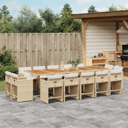 15 Pcs conjunto de jantar p/ jardim com almofadões vime PE bege