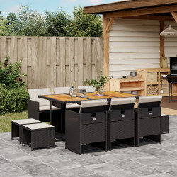 11 Pcs conjunto de jantar p/ jardim c/ almofadões vime PE preto