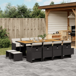 13 Pcs conjunto de jantar p/jardim com almofadões vime PE preto