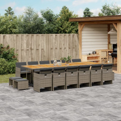 17 Pcs conj. de jantar p/ jardim c/ almofadões vime PE cinzento