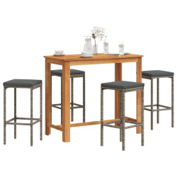 5 Pcs conjunto de bar p/ jardim acácia maciça/vime PE cinzento