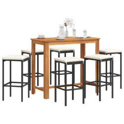 7 Pcs conjunto de bar para jardim vime PE/acácia maciça preto