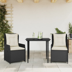 3 Pcs conjunto de jantar p/ jardim c/ almofadões vime PE preto