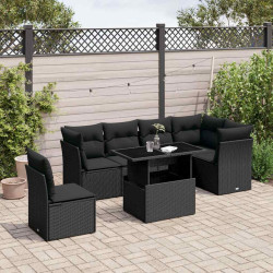 7 Pcs conjunto de sofás p/ jardim c/ almofadões vime PE preto