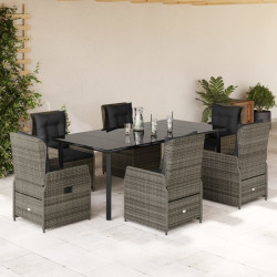 7 Pcs conjunto de jantar p/ jardim c/ almofadões vime PE cinza