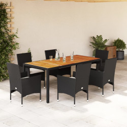 7 Pcs conjunto jantar jardim c/ almofadões vime PE/acácia preto