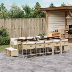 15 Pcs conjunto de jantar p/ jardim com almofadões vime PE bege