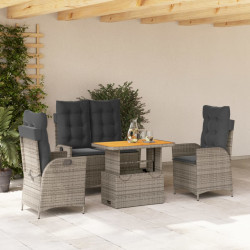 4 Pcs conjunto de jantar p/ jardim c/ almofadões vime PE cinza
