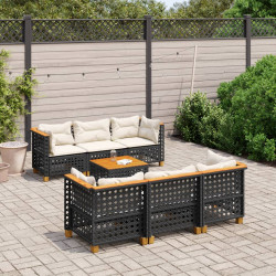 7 Pcs conjunto de sofás p/ jardim c/ almofadões vime PE preto