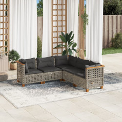 5 Pcs conjunto sofás de jardim c/ almofadões vime PE cinzento