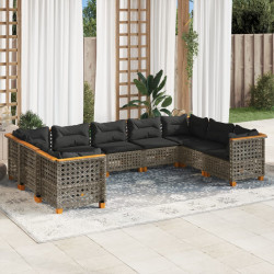 9 Pcs conjunto sofás p/ jardim com almofadões vime PE cinzento