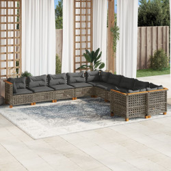10 Pcs conjunto sofás de jardim c/ almofadões vime PE cinzento