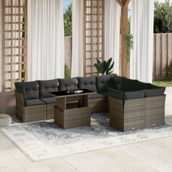 10 Pcs conjunto sofás de jardim c/ almofadões vime PE cinzento