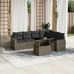 7 Pcs conjunto sofás p/ jardim c/ almofadões vime PE cinzento