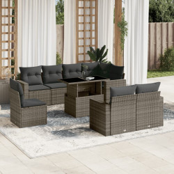 9 Pcs conjunto sofás p/ jardim com almofadões vime PE cinzento