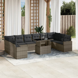 11 Pcs conjunto sofás de jardim c/ almofadões vime PE cinzento