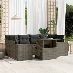 7 Pcs conjunto sofás p/ jardim c/ almofadões vime PE cinzento