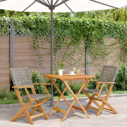 3 Pcs conjunto de bistrô vime PE e madeira maciça cinzento
