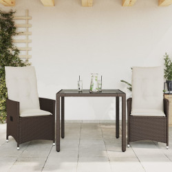 3 Pcs conjunto bistrô com almofadões vime PE castanho