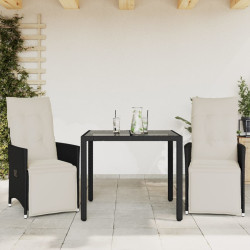 3 Pcs conjunto de bistrô com almofadões vime PE preto