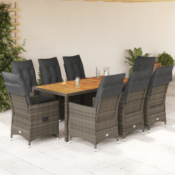 9 Pcs conjunto de jantar p/ jardim c/ almofadões vime PE cinza