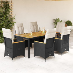 7 Pcs conjunto de jantar p/ jardim c/ almofadões vime PE preto