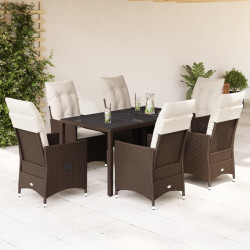 7 Pcs conjunto jantar p/ jardim c/ almofadões vime PE castanho