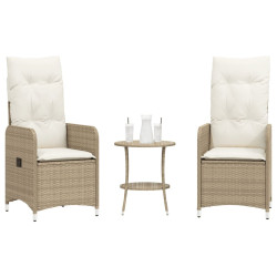 Cadeiras de jardim reclináveis 2 pcs com mesa vime PE bege