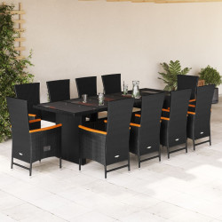 11 Pcs conjunto de jantar p/ jardim c/ almofadões vime PE preto