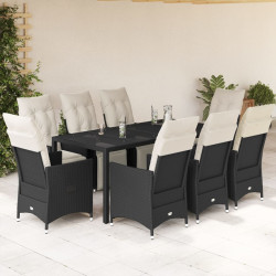 9 Pcs conjunto de jantar p/ jardim c/ almofadões vime PE preto