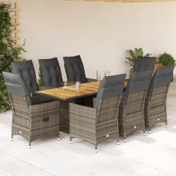 9 Pcs conjunto de jantar p/ jardim c/ almofadões vime PE cinza