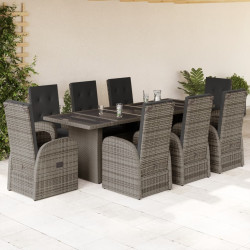 9 Pcs conjunto de jantar p/ jardim c/ almofadões vime PE cinza