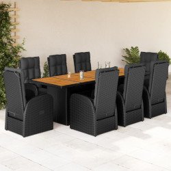 9 Pcs conjunto de jantar p/ jardim c/ almofadões vime PE preto