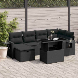7 Pcs conjunto de sofás p/ jardim c/ almofadões vime PE preto