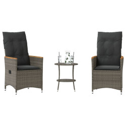 3 Pcs conjunto bistrô com almofadões vime PE cinza