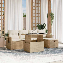 6 Pcs conjunto de sofás p/ jardim com almofadões vime PE bege