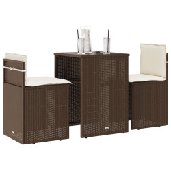 3 Pcs conjunto bistrô com almofadões vime PE castanho