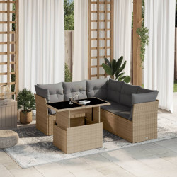 6 Pcs conjunto de sofás p/ jardim com almofadões vime PE bege