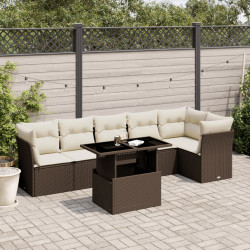 7 Pcs conjunto de sofás jardim c/ almofadões vime PE castanho