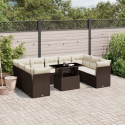 10 Pcs conj. sofás jardim com almofadões vime PE castanho