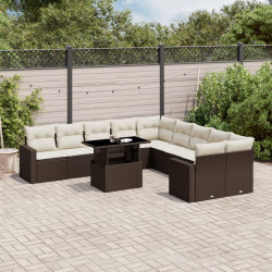 11 Pcs conjunto sofás de jardim c/ almofadões vime PE castanho