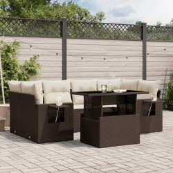 7 Pcs conjunto de sofás jardim c/ almofadões vime PE castanho