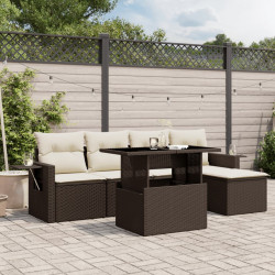 6 Pcs conjunto de sofás jardim c/ almofadões vime PE castanho