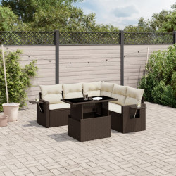 6 Pcs conjunto de sofás jardim c/ almofadões vime PE castanho